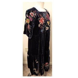 Johnny Was Embroidered Tiered Midi Dress Sz-M Midnight Blue Velvet